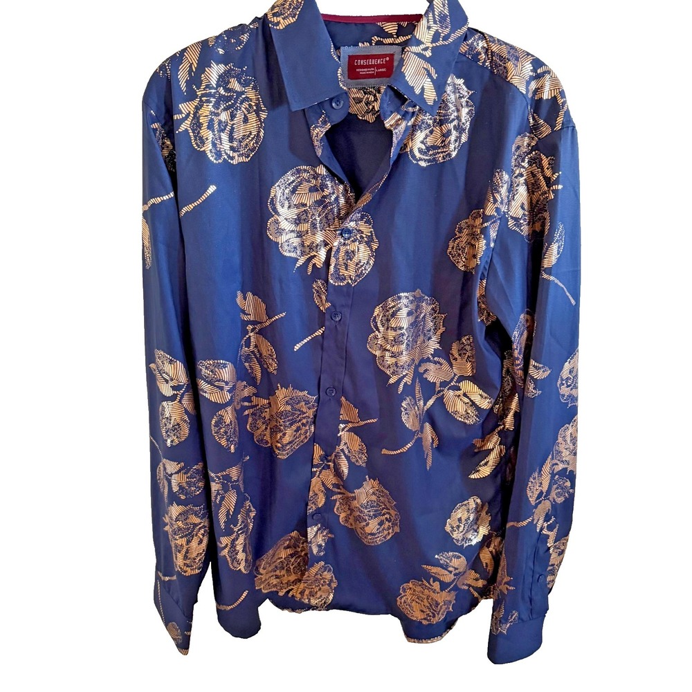 Consequence Button Up Long Sleeve Gold Foil On Navy Shirt Size Large Preppy